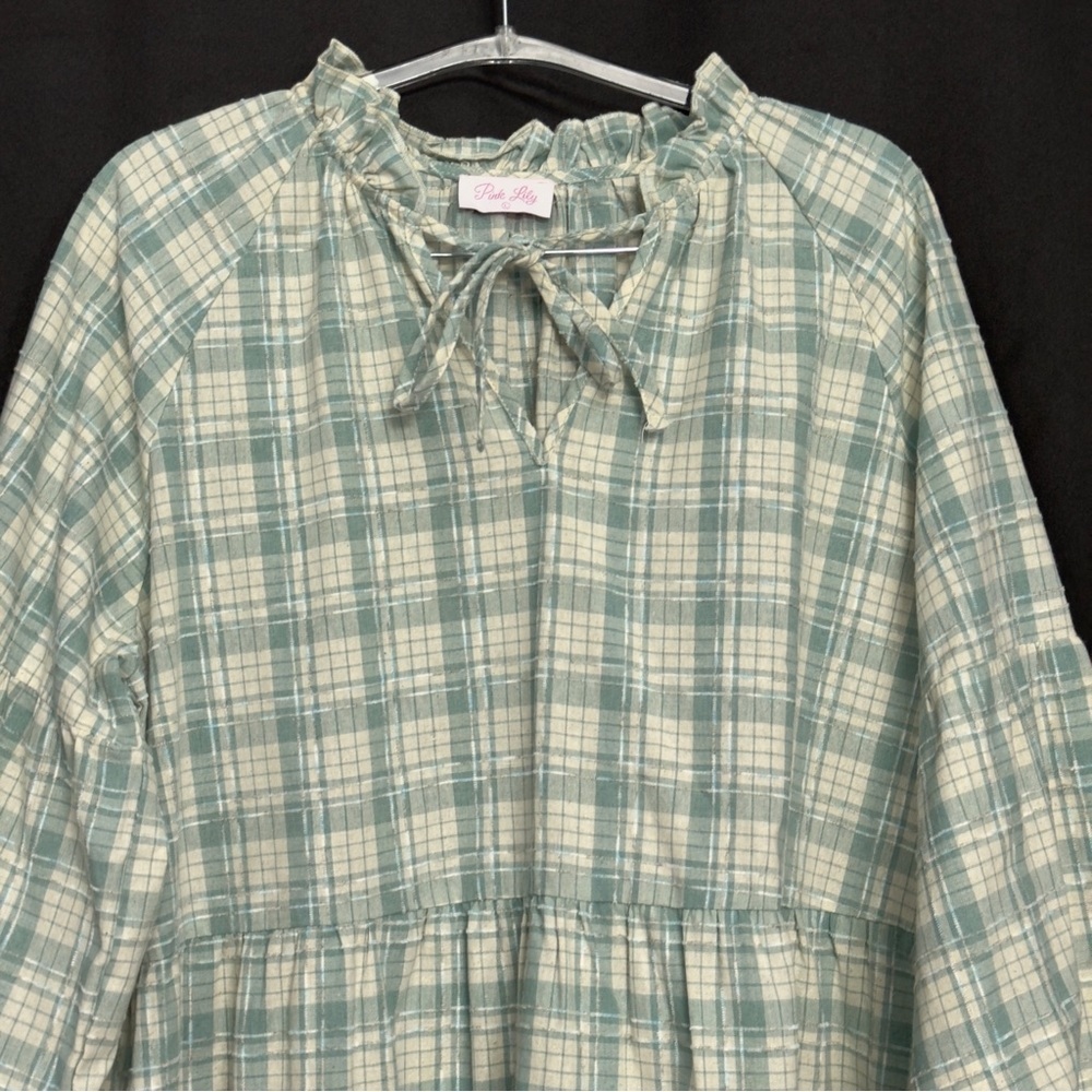 Pink Lily Plaid Tiered Babydoll Dress Large Long Sleeve - Picture 4 of 11